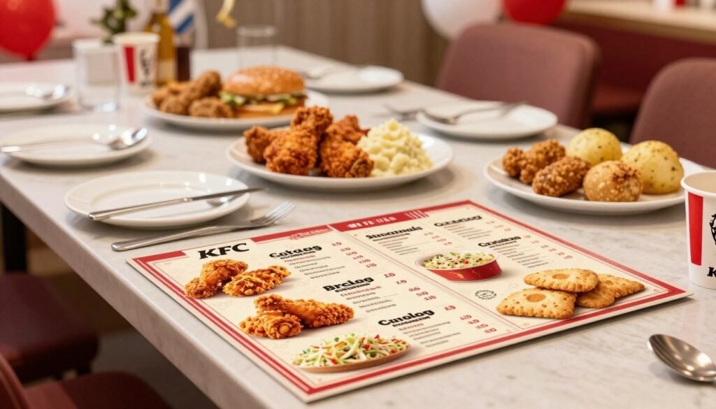 A visually appealing KFC catering menu displayed prominently against a soft-focus background of a well-decorated banquet table, featuring an array of KFC dishes. In the foreground, a beautifully designed menu board showcases prices alongside pictures of crispy chicken, mashed potatoes, coleslaw, and biscuits, styled in warm colors to evoke a welcoming atmosphere. The middle ground features elegant serving platters and utensils arranged neatly, shining under warm ambient lighting. The background hints at festive decorations, like balloons and streamers, creating a joyful and inviting mood suitable for gatherings. The scene is captured from a slight overhead angle, emphasizing the layout while maintaining a professional and polished look.