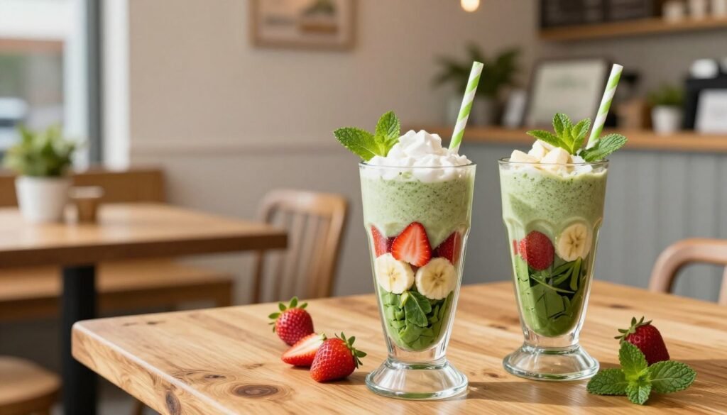 A visually appealing arrangement of Panera Bread's breakfast smoothies in a rustic cafe setting. In the foreground, two tall, vibrant smoothies filled with layers of fruits like strawberries, bananas, and spinach, garnished with fresh mint leaves. Each smoothie is served in a clear glass with colorful straws. In the middle, a wooden table with a soft, natural light illuminating the scene, creating a warm, inviting atmosphere. In the background, softly blurred out, is a cozy Panera Bread environment with light wood decor and plants, enhancing the morning vibe. Capture the freshness and energy of a health-conscious breakfast, using a shallow depth of field to focus on the smoothies while maintaining a warm, bright color palette. The mood is refreshing and cheerful, perfect for a morning boost.