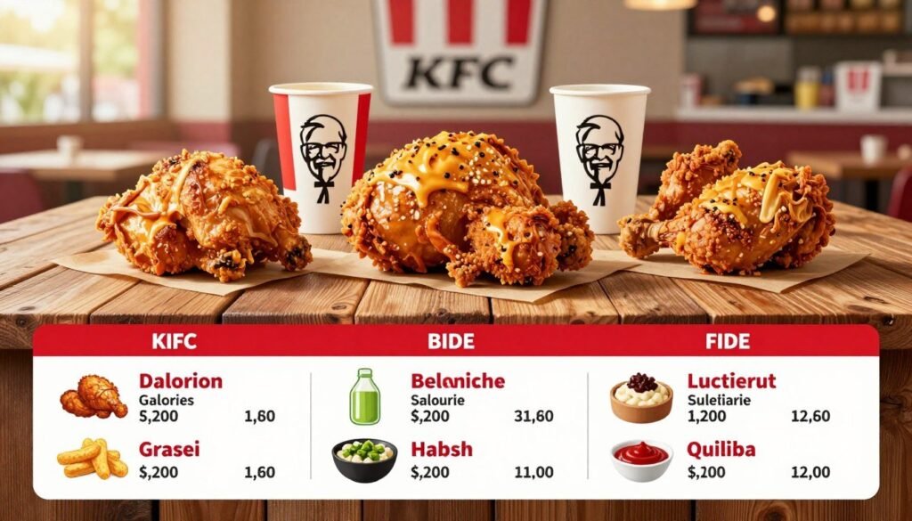 A visually appealing infographic showcasing the nutritional information of KFC's gluten-free options. In the foreground, feature an organized table with vibrant icons representing different menu items like grilled chicken, sides, and sauces, highlighting their nutritional values such as calories, protein, and gluten content. In the middle ground, place colorful illustrations of the food items, appealingly arranged on a rustic wooden table. The background should be softly blurred, evoking a warm and inviting atmosphere with hints of a KFC restaurant interior. Use natural sunlight to create a fresh, appetizing look, ensuring the scene evokes a sense of trust and health-conscious eating. The overall mood should be informative yet enticing, encouraging viewers to explore gluten-free choices.